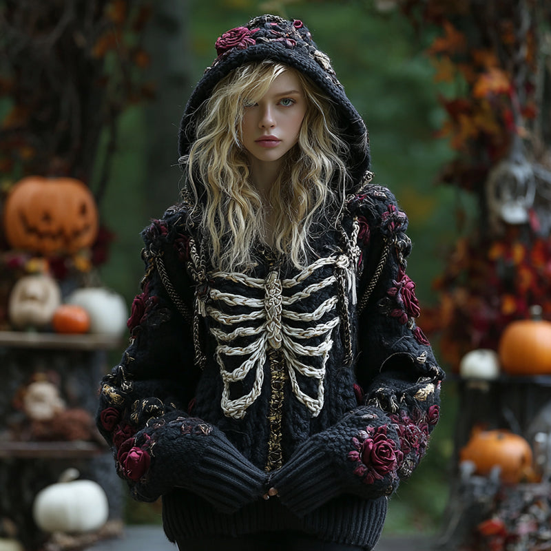 Women's Halloween Rose And Skull Embroidery Cozy Knit Hooded Sweater artswardrobe