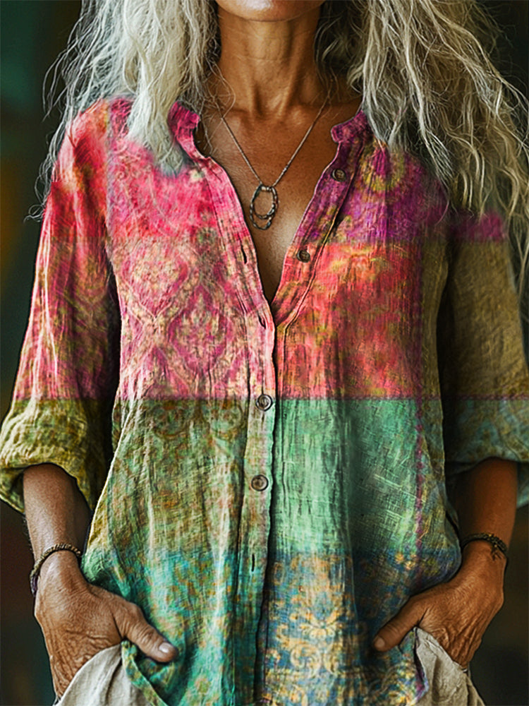 Women's Vintage Ethnic Floral Art Print Casual Cotton Linen Shirt