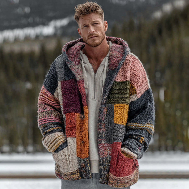 Men's Geometric Block Contrast Knit Button Hooded Sweater elevenforest