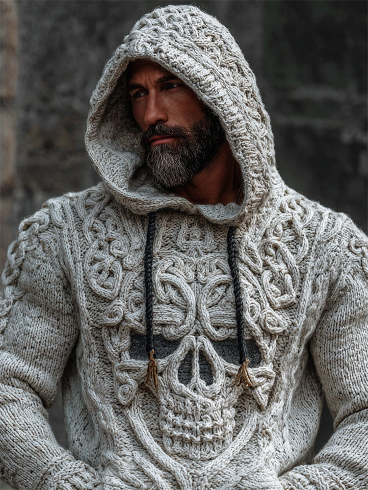 Men's Viking Celtic Skull Hooded Cozy Chunky Sweater elevenforest