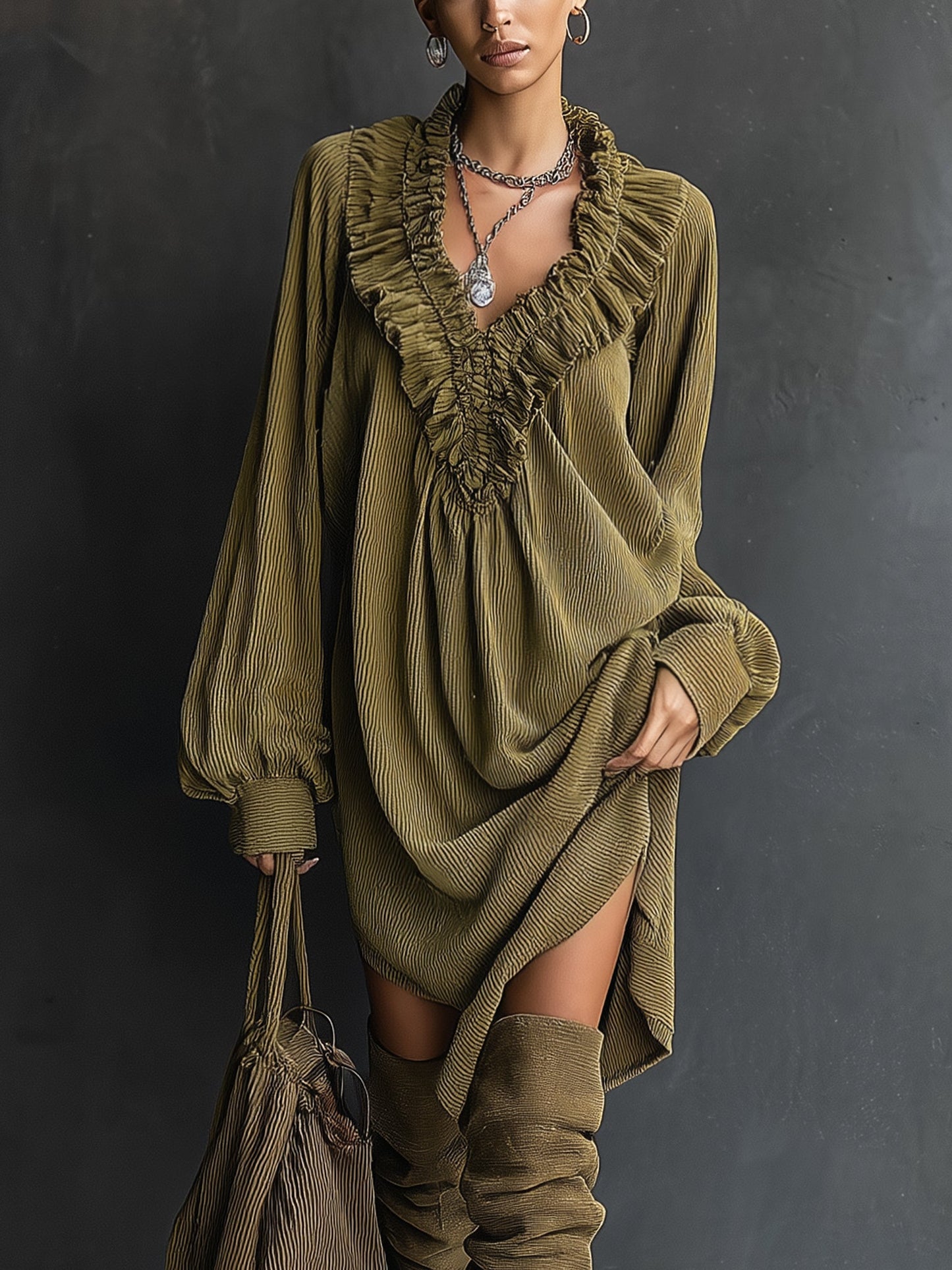 Olive Ruffled Corduroy V-Neck Long Sleeve Mini Dress