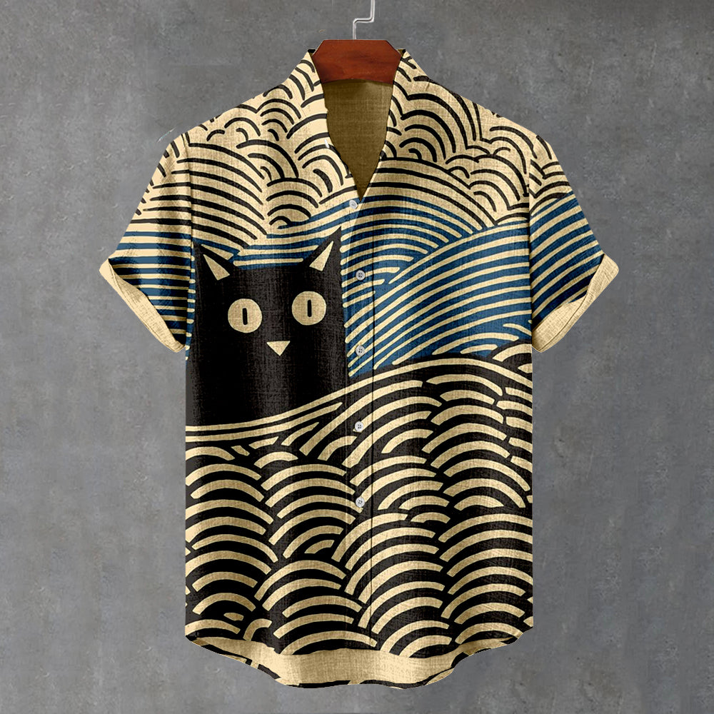 Black Cat & Great Wave Japanese Art Linen Shirt elevenforest
