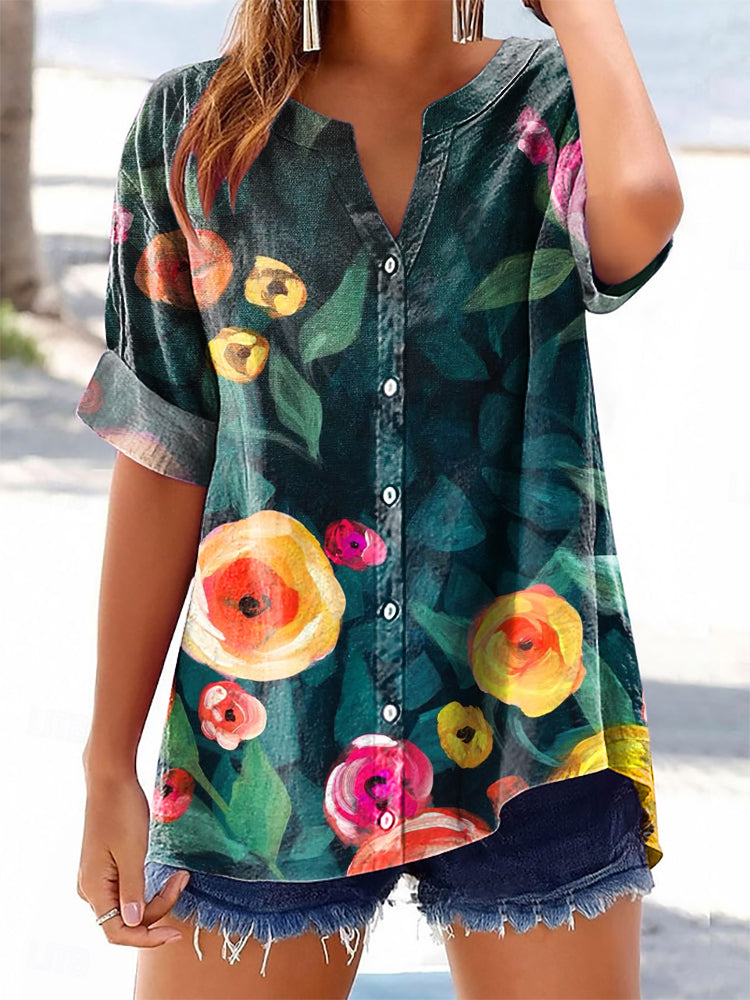 Women's Floral Pattern Art Print Casual Cotton Linen Short Sleeve Shir