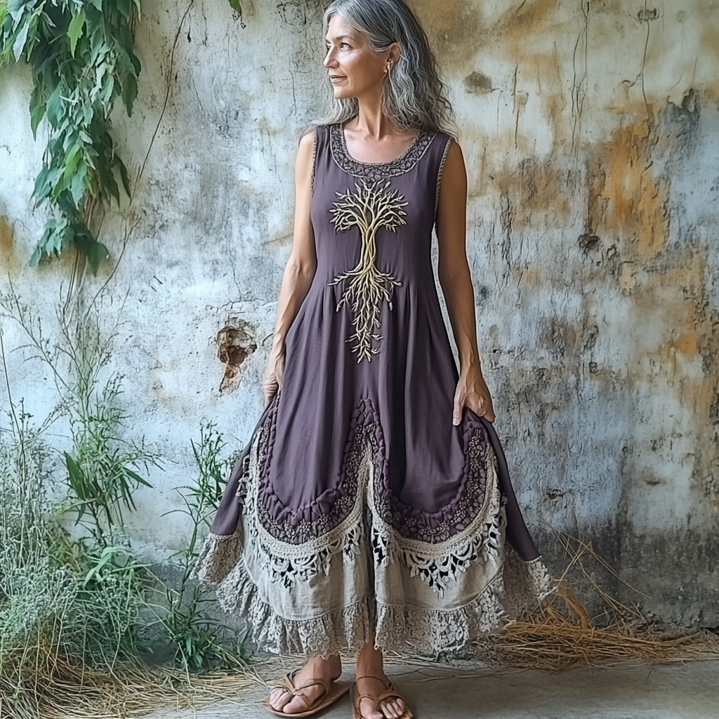 Women's Vintage Tribal Tree Of Life Patchwork Linen Blend Midi Dress artswardrobe