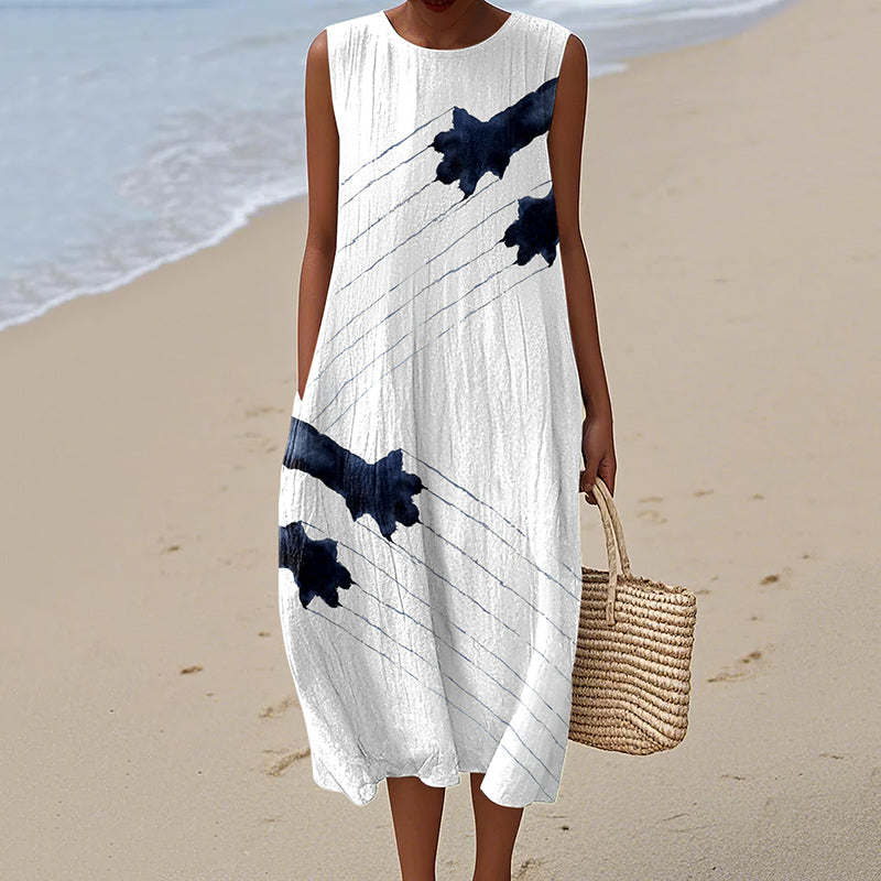 Women's Vintage Cat's Paw Abstract Art Linen Tank Midi Dress elevenforest