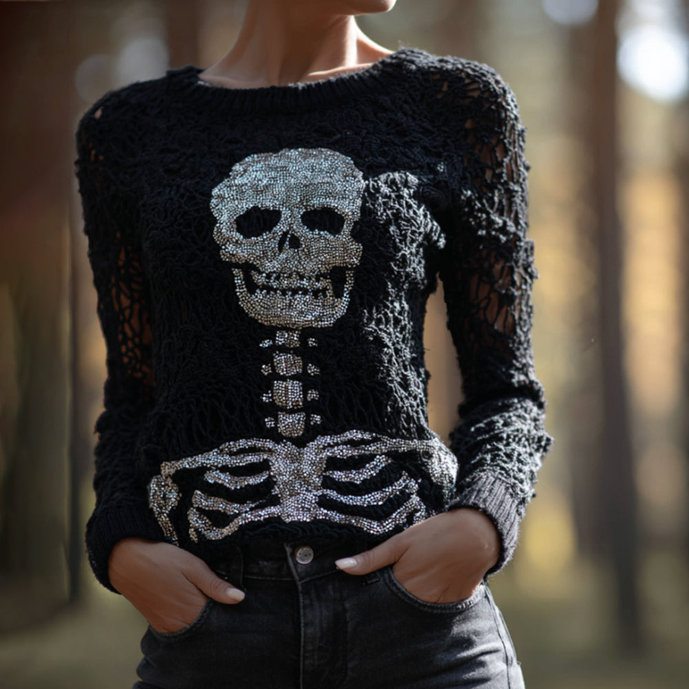 Women's Halloween Diamond Skull Crochet Round Neck Sweater artswardrobe