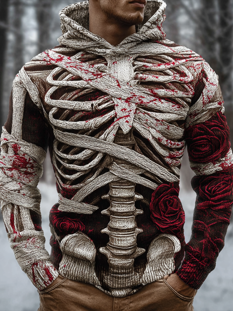 Halloween Line Design Retro Men's Knit Hooded Sweater artswardrobe