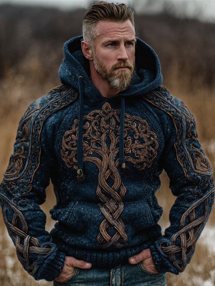 Vintage Viking Life Tree Celtic Knot Thick Color Block Nostalgic Thick Hooded Sweater elevenforest