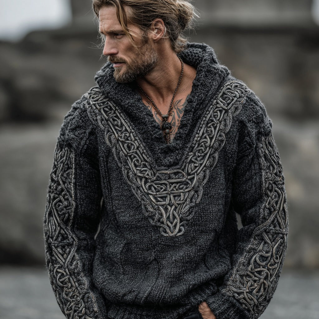 Men's Retro Viking Celtic Jacquard Knitted Warm Hooded Sweater artswardrobe