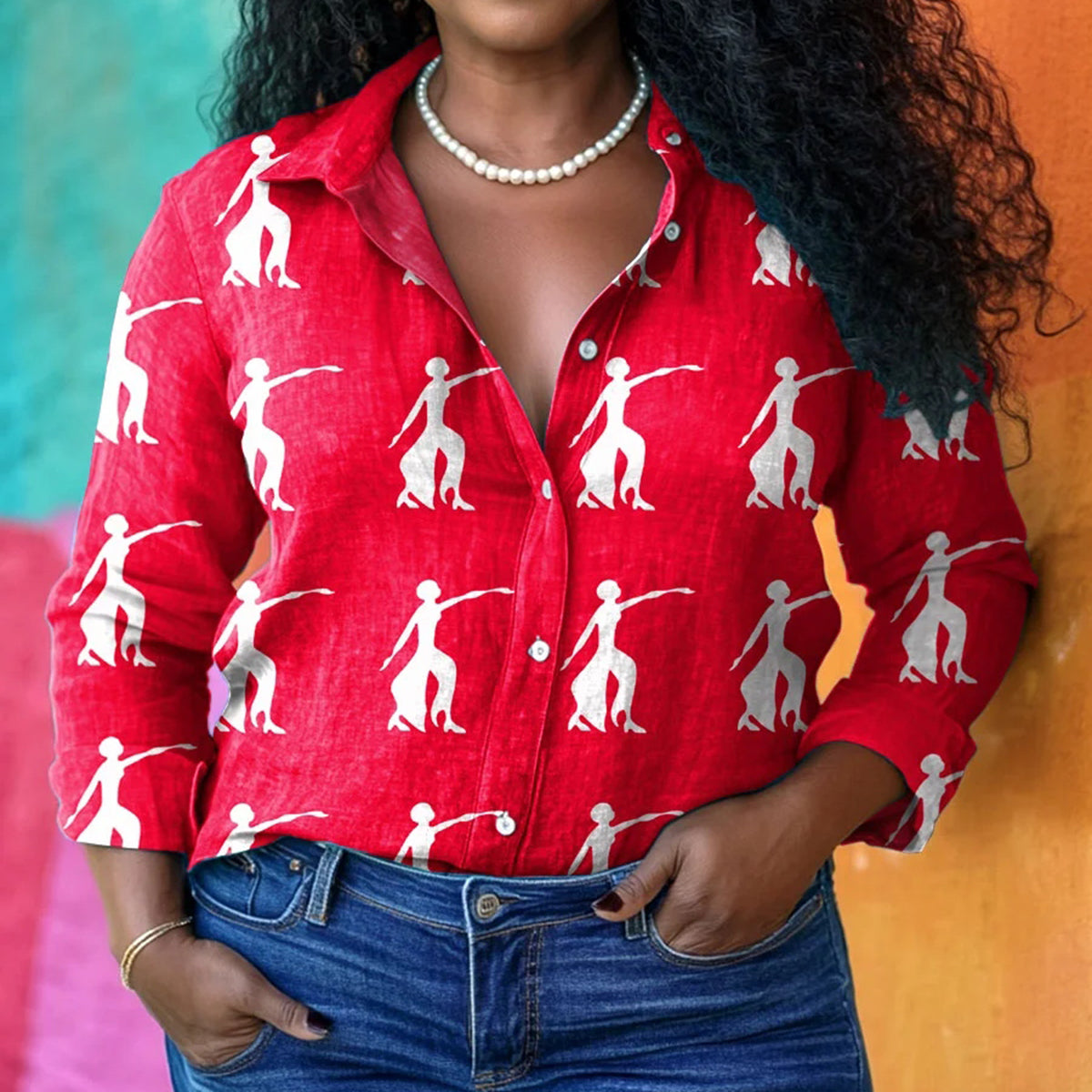 Comstylish Women's Fashion Red Sisterhood Print Casual Cotton Shirt