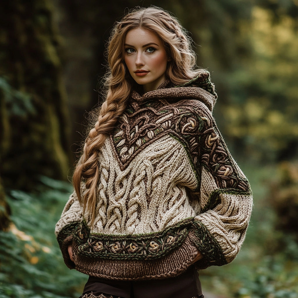 Women's Vintage Celtic Knotted Contrast Color Hooded Sweater artswardrobe