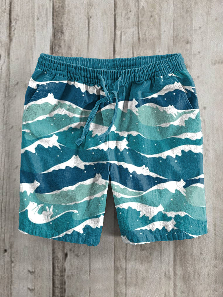 Cats And Waves Print Linen Blend Casual Shorts elevenforest