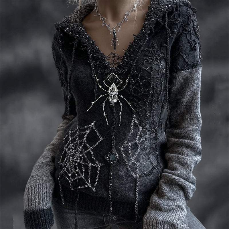 Halloween Spider & Spiderweb Glitter Diamonds Cozy Knit Hooded Sweater artswardrobe