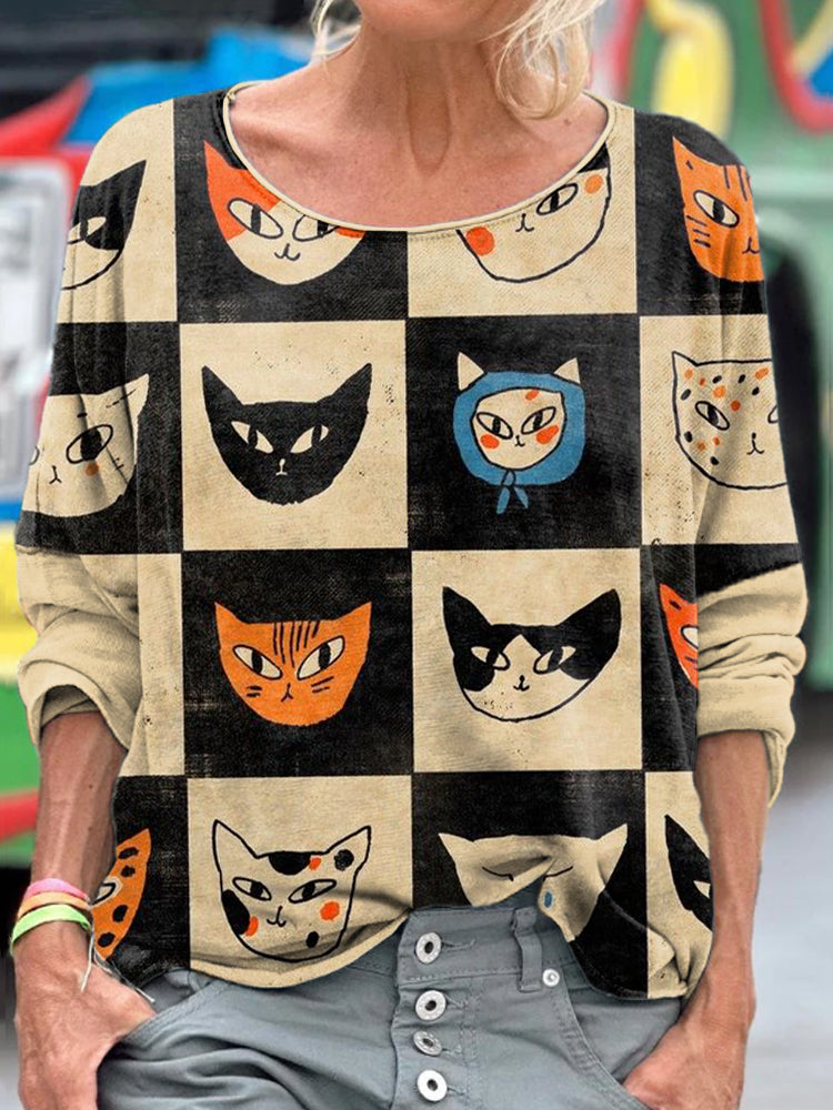 Women's Japanese Art Cats Art Print Long Sleeve T-shirt elevenforest