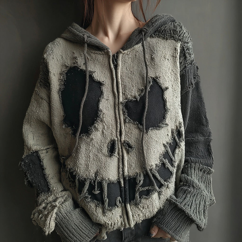 Halloween Spooky Smiley Face Knitted Warm Hooded Zip-up Sweater artswardrobe