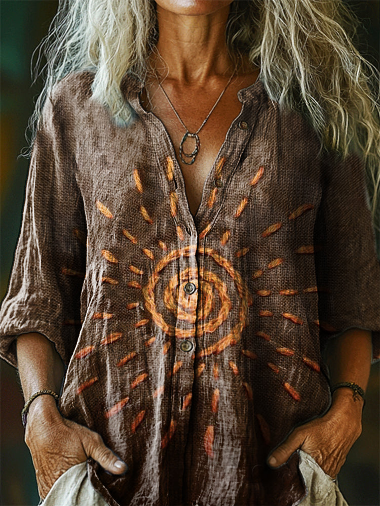 Women's Vintage Bohemian Pattern Art Print Casual Cotton Linen Shirt