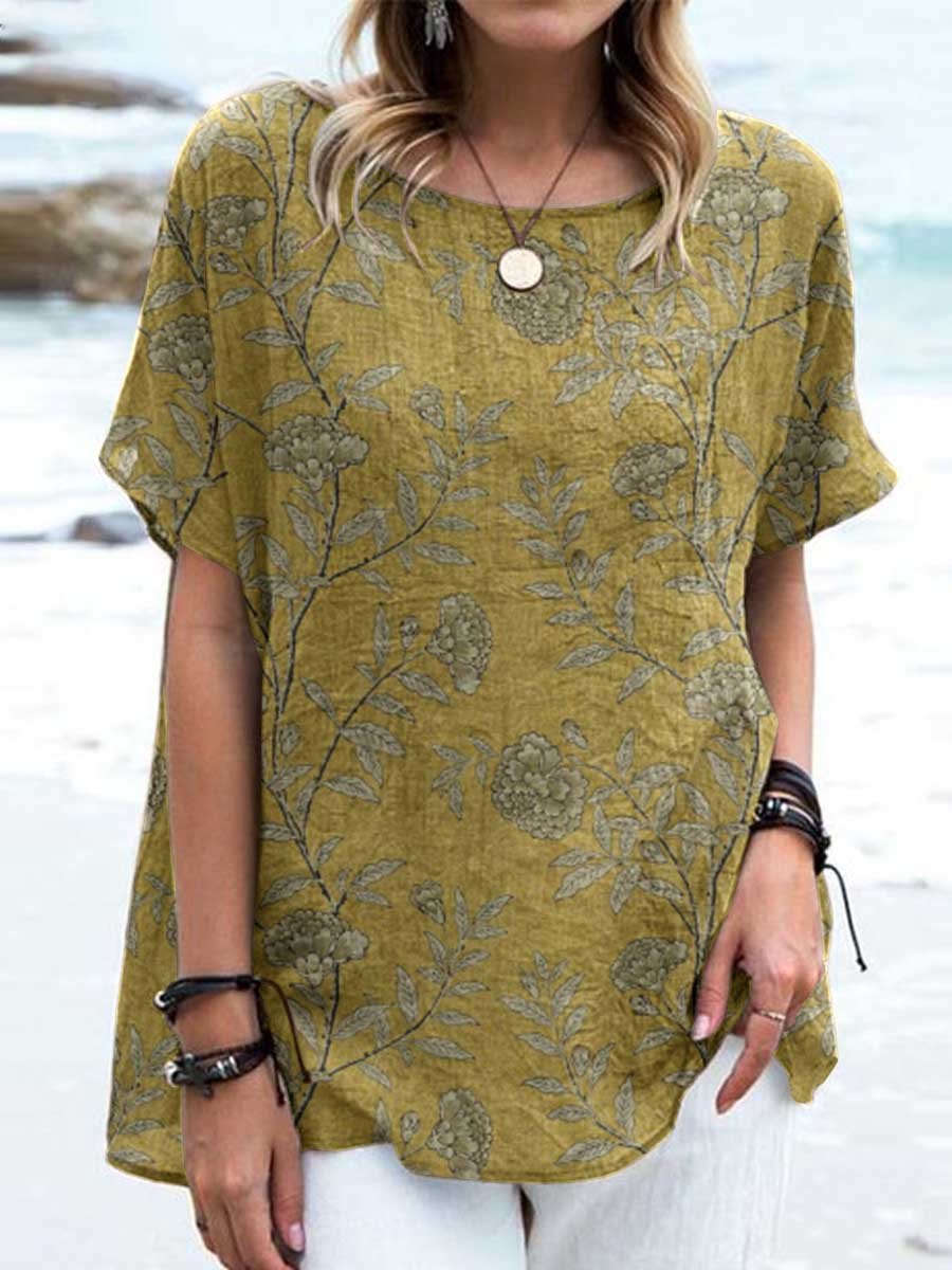 Women's Elegant Floral Cotton and Linen Crew Neck Top