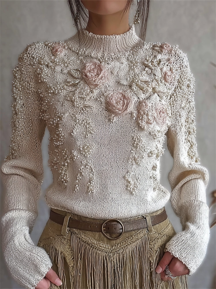 Classy Roses Pearls Beaded Turtleneck Cozy Knit Sweater artswardrobe