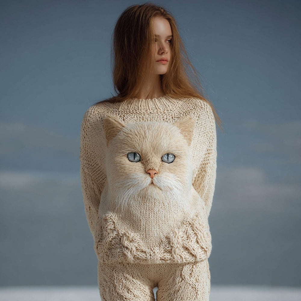 Cute Cat Face Embroidered Soft Cozy Knit Sweater elevenforest