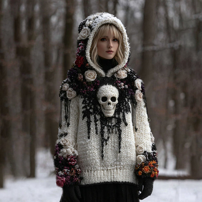 Women's Vintage Rose And Skull Patchwork Knit Hooded Sweater artswardrobe