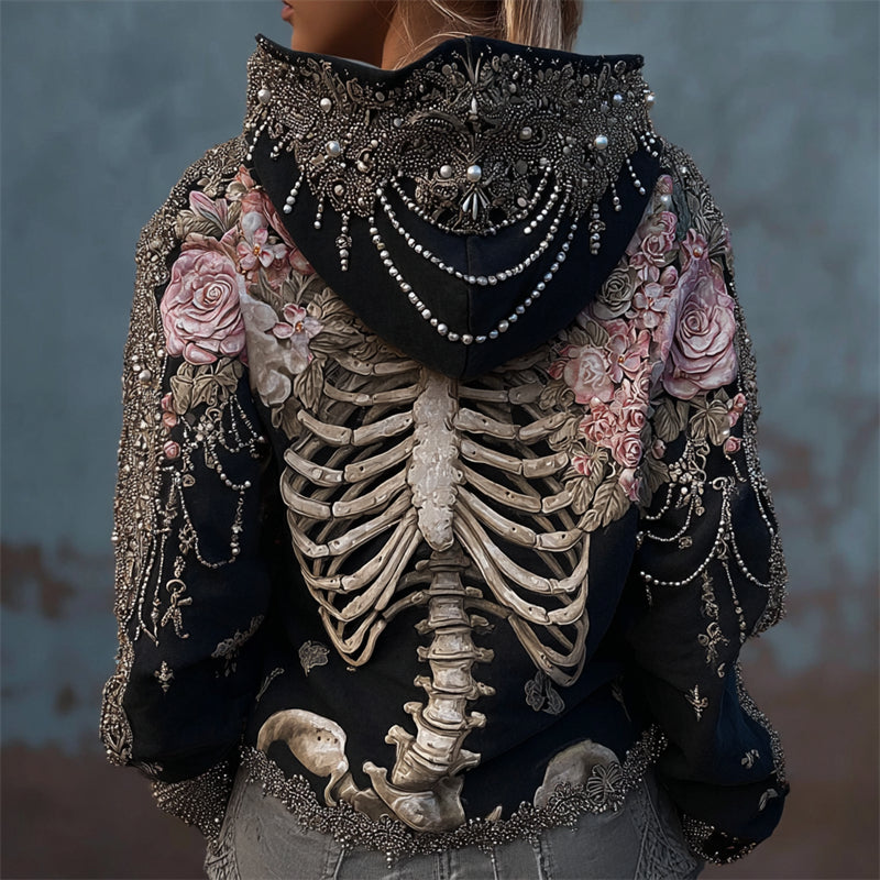 Comstylish Skeleton Pink Floral Elegant Beaded Cozy Hoodie