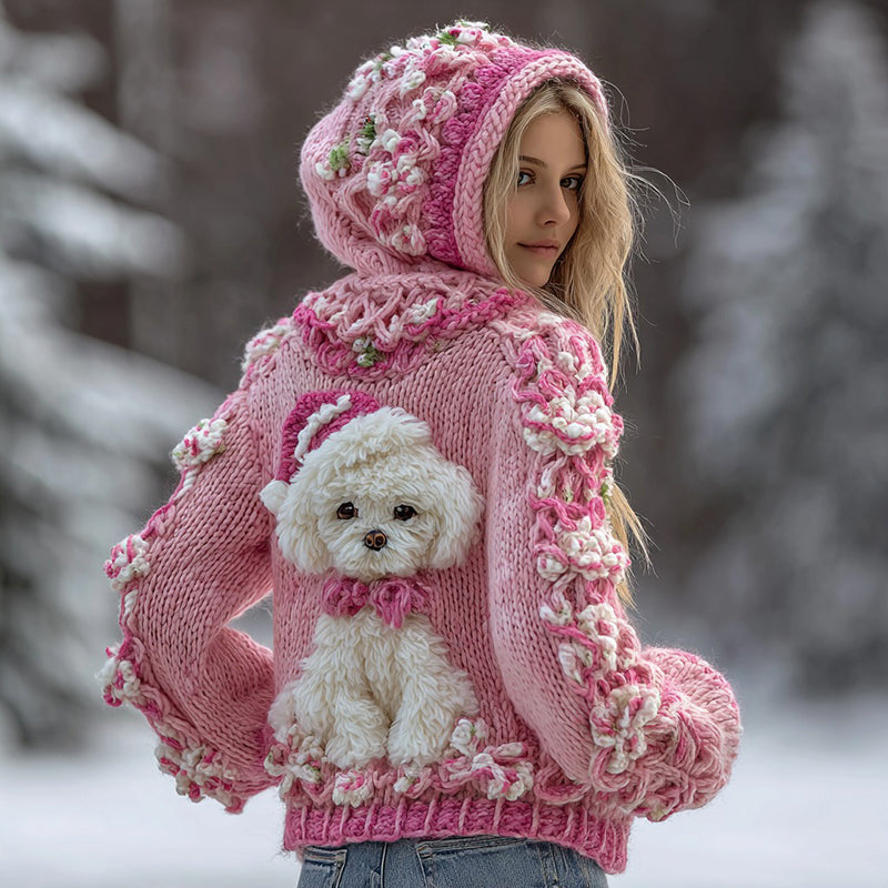Comstylish Cute Maltese Dog And Floral Knitted Jacquard Hooded Sweater