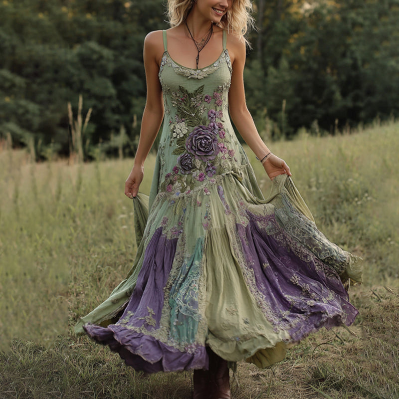 Vintage Classy Gradient Purple Lavender And Floral Embroidered Linen Suspender Long Dress artswardrobe