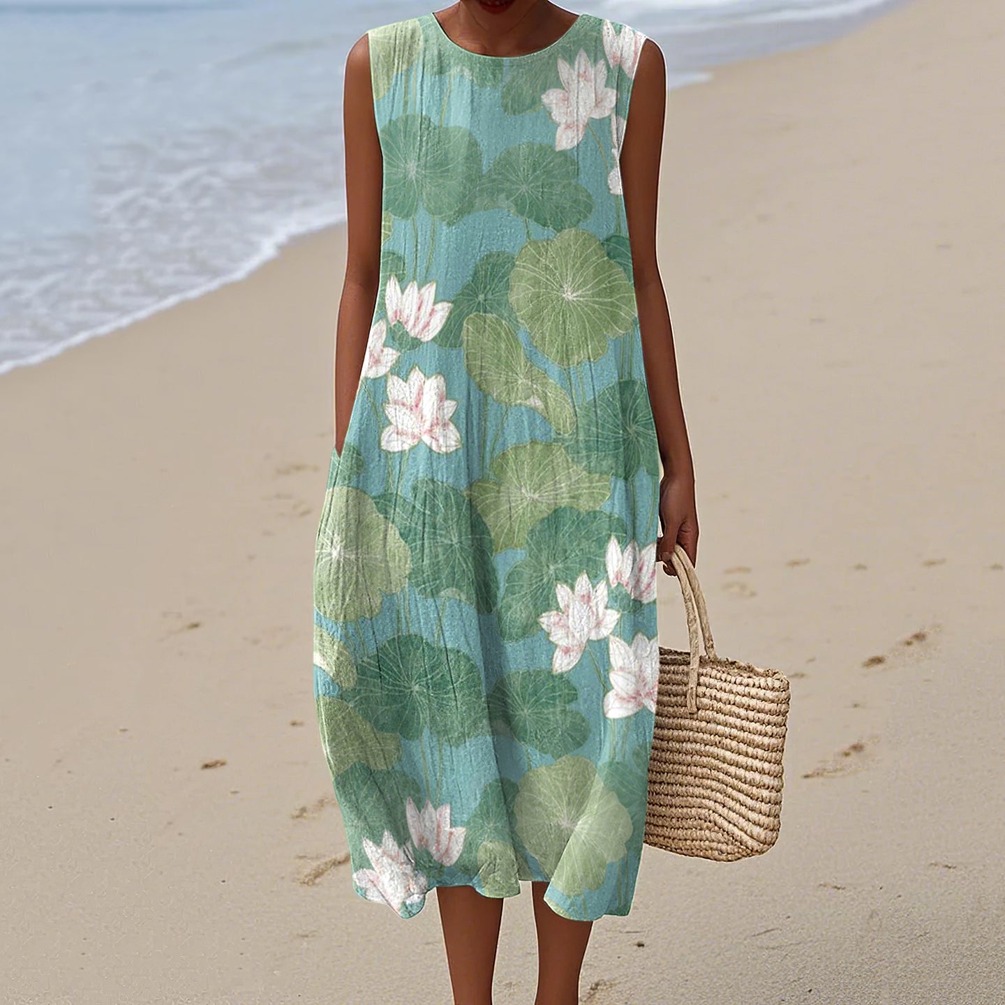 Women's Vintage Lily Pad Art Pattern Cotton And Linen Tank Dress artswardrobe