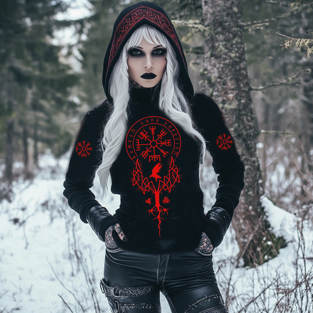 Vintage Red Viking Rune Knitted Red Warm Hooded Sweater elevenforest