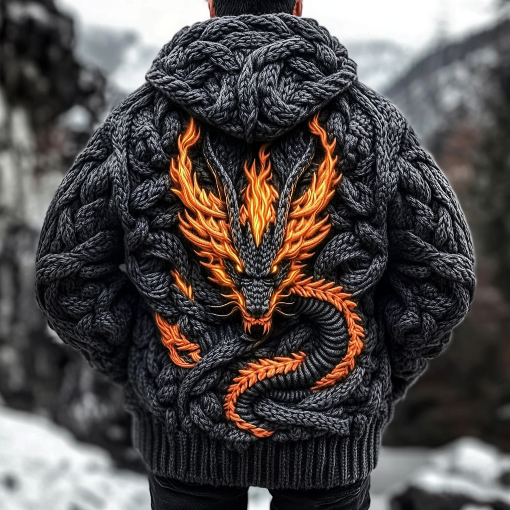 Men's Viking Dragon Celtic Thick Knit Hooded Sweater artswardrobe