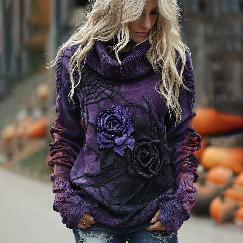 Vintage Halloween Black And Purple Rose Art Cozy Knit Turtleneck Sweater elevenforest