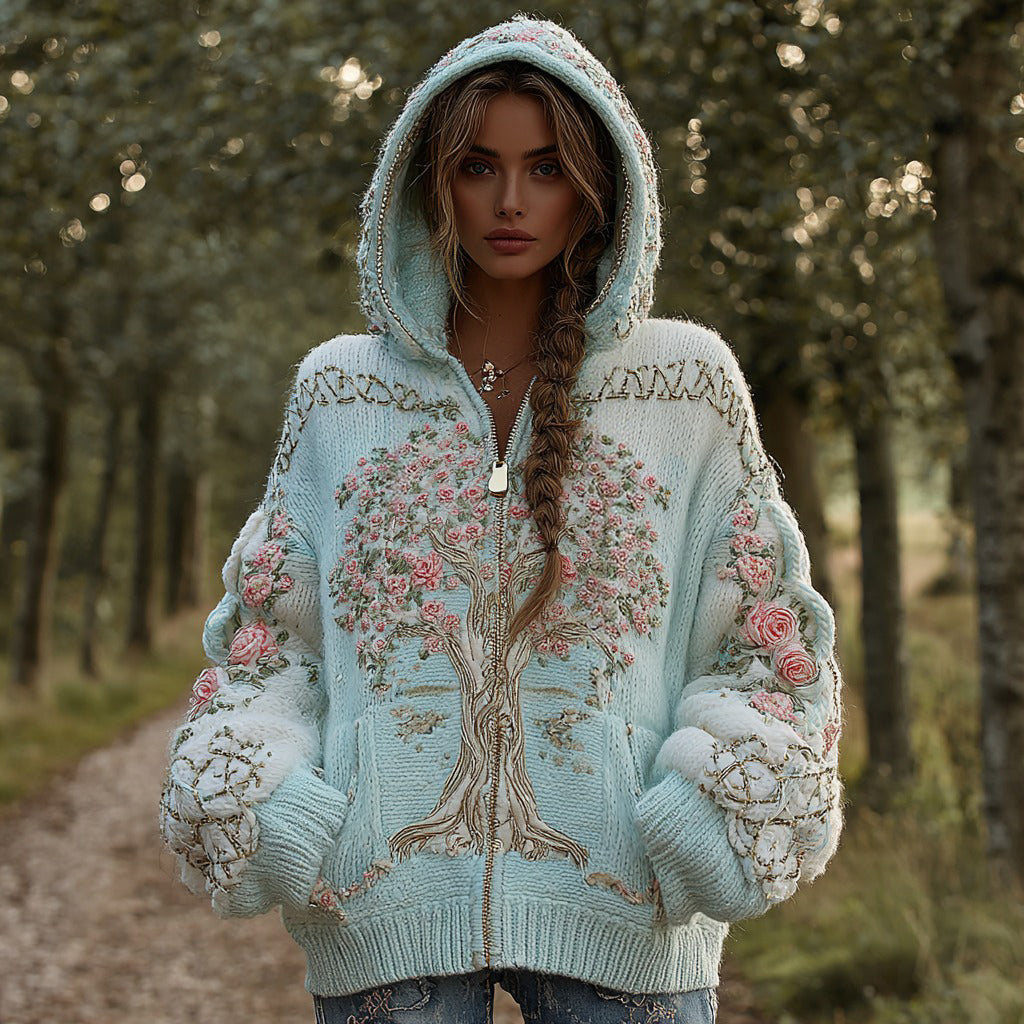 Women's Viking Pink Rose Tree Of Life Knit Zip-up Hooded Sweater artswardrobe