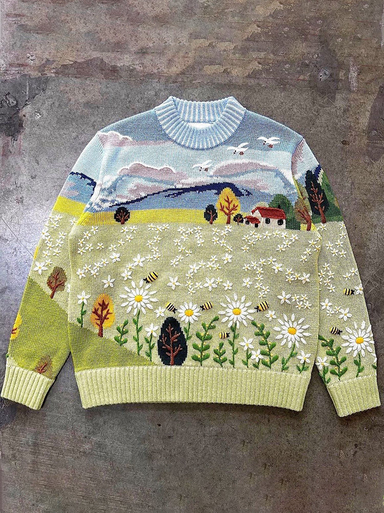 Bee Floral Embroidery Pattern Cozy Knit Sweater artswardrobe