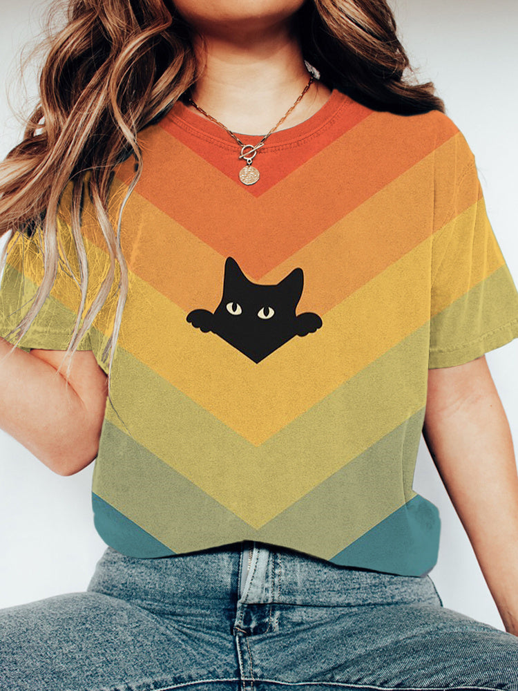 Rainbow Cat Print Short Sleeve T-Shirt elevenforest