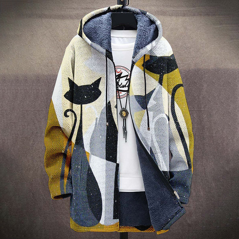 Men's Art Black Cat Fashion Gradient Plush Thick Long-Sleeved Sweater Coat Cardigan elevenforest