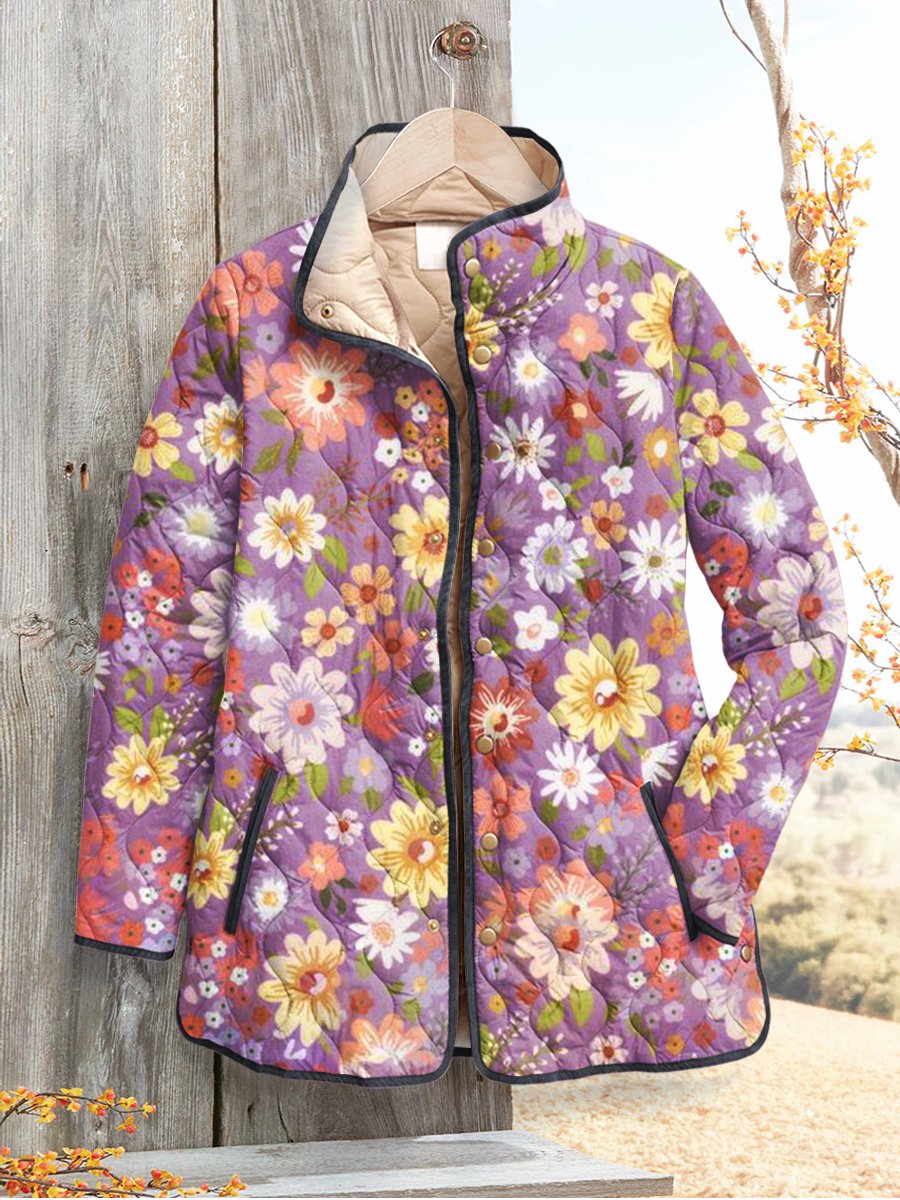 Women's Retro Floral Art Print Casual Quilted Cardigan