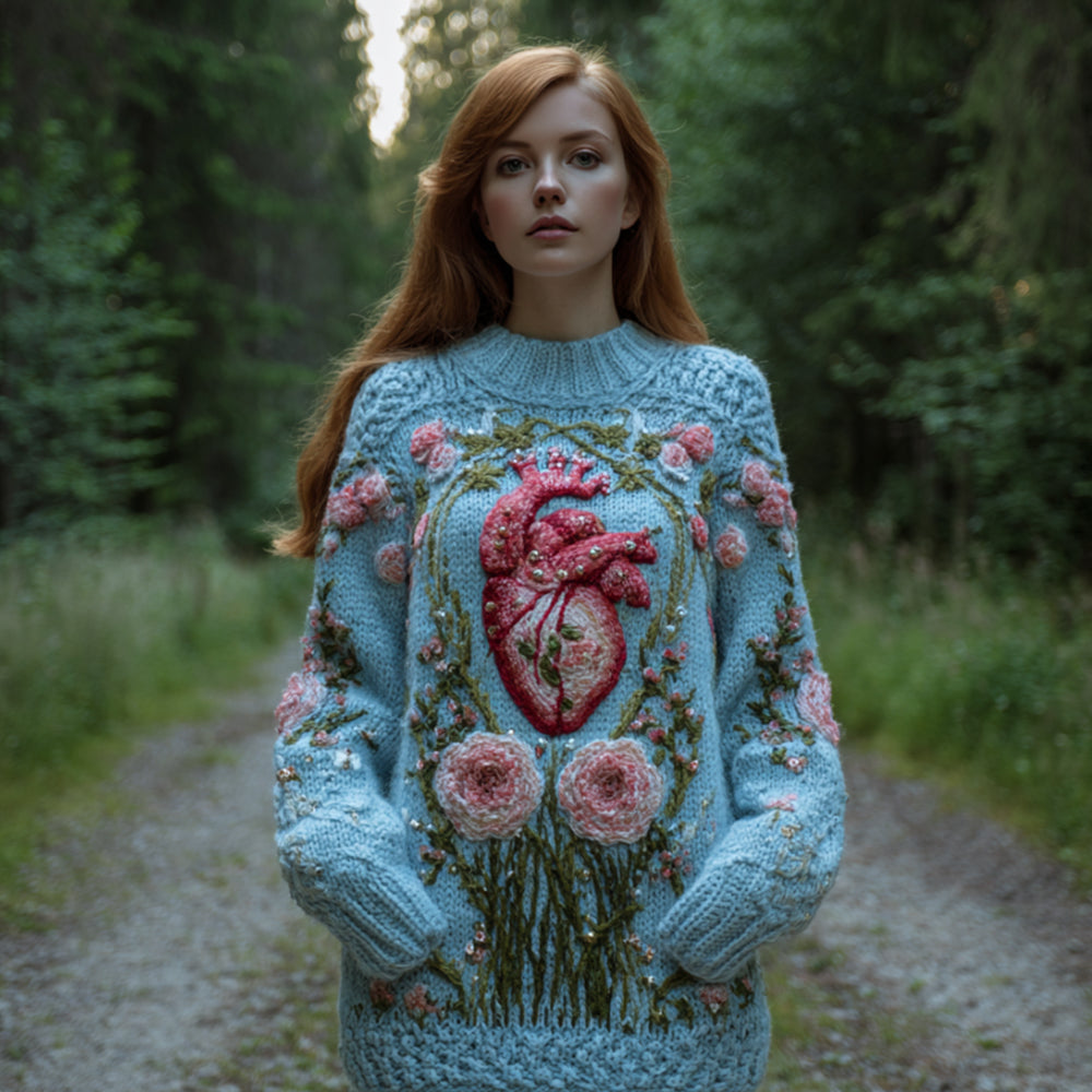 Women's Halloween Heart And Flower Art Embroidered Blue Round Neck Sweater artswardrobe