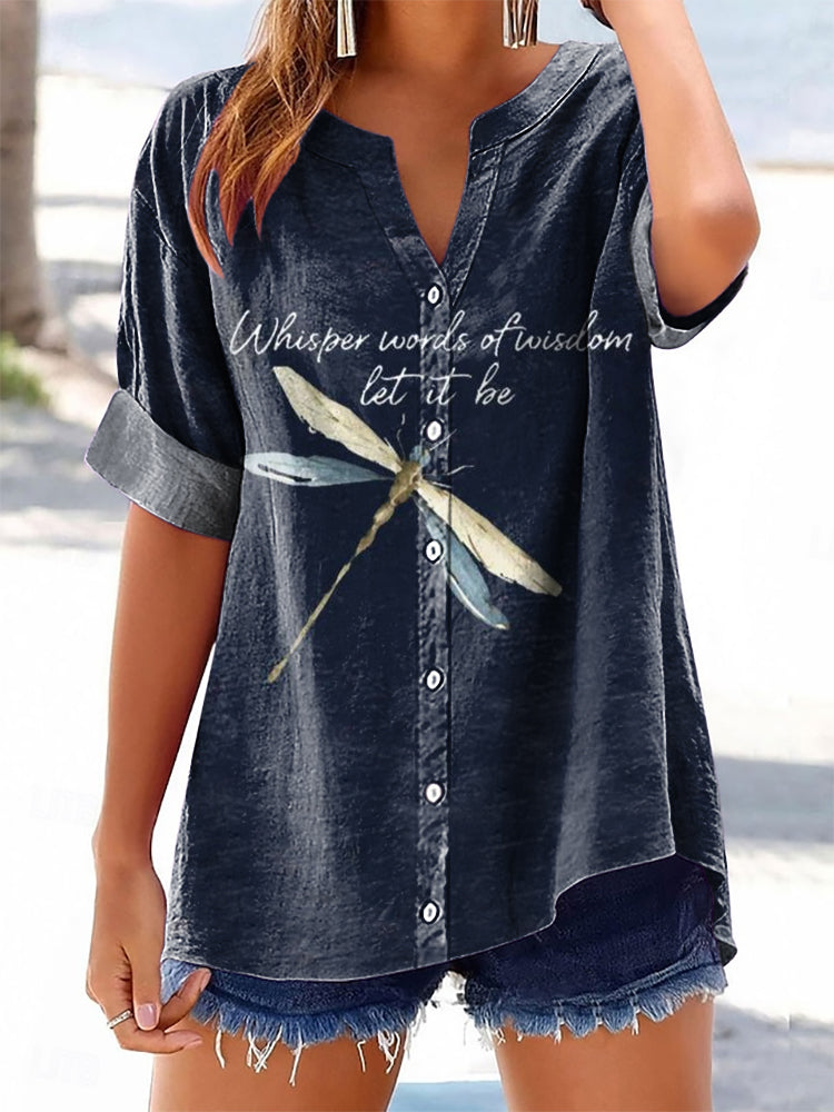 Women's Hippie Dragonfly Art Print Casual Cotton And Linen Shirt