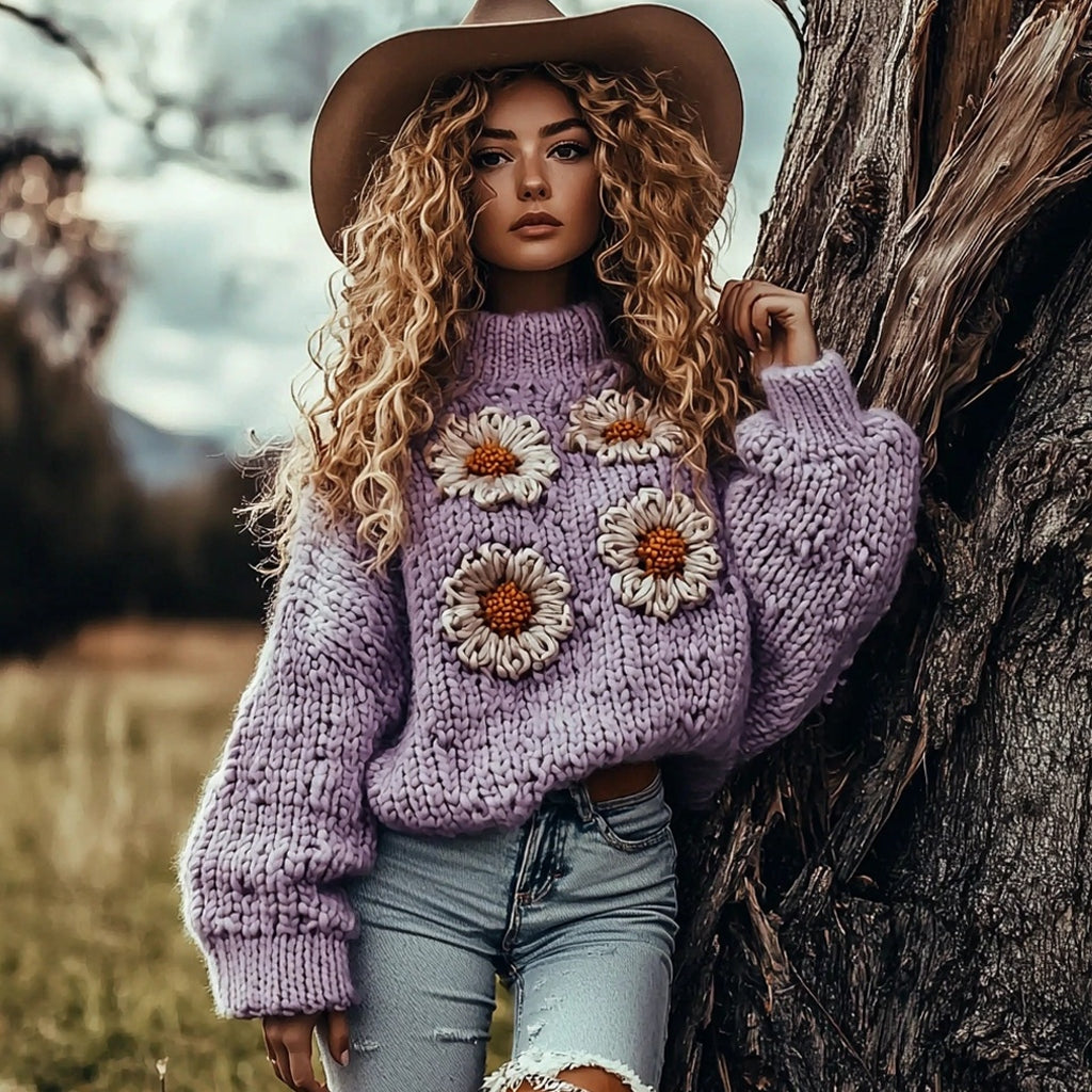 Women's Vintage Floral Cozy Turtleneck Sweater artswardrobe