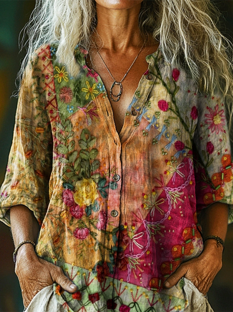 Women's Vintage Ethnic Floral Collage Art Print Casual Cotton Linen Sh