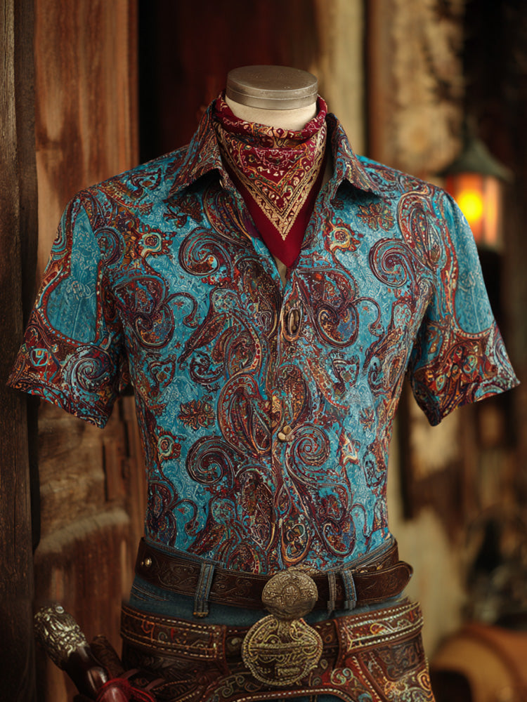 Men's Vintage Western Paisley Design Cotton And Linen Blend Shirt artswardrobe