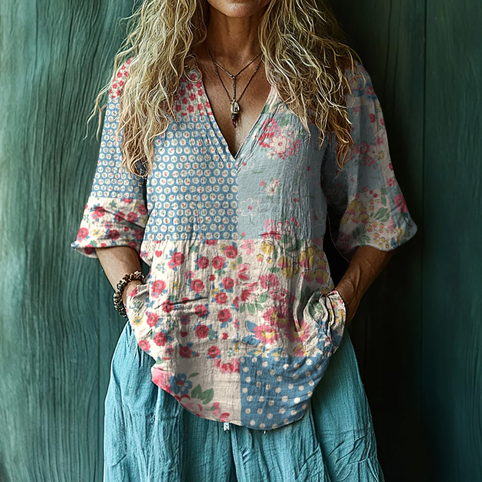 Boho Floral Patchwork Art Print Short Sleeve V-neck Shirt artswardrobe