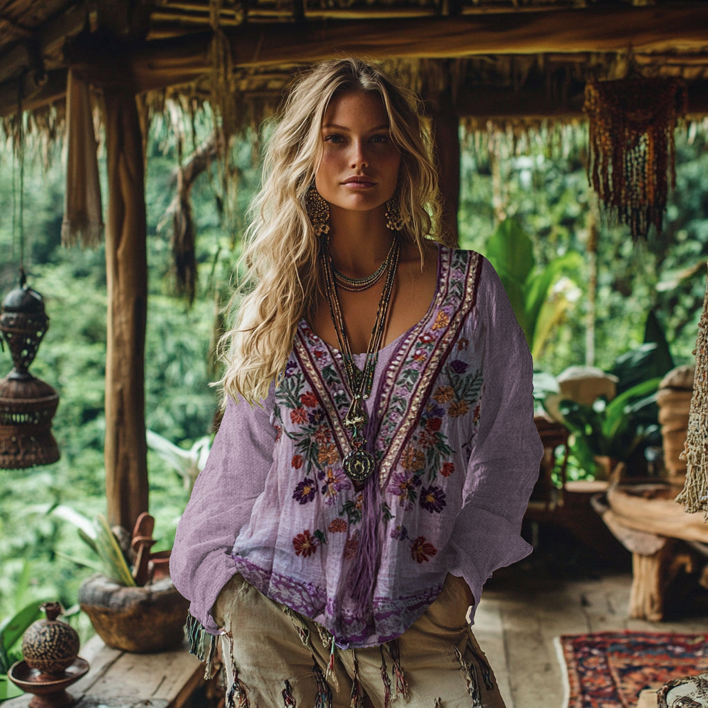 Comstylish Vintage Bohemian Floral Embroidery Linen Blend Shirt