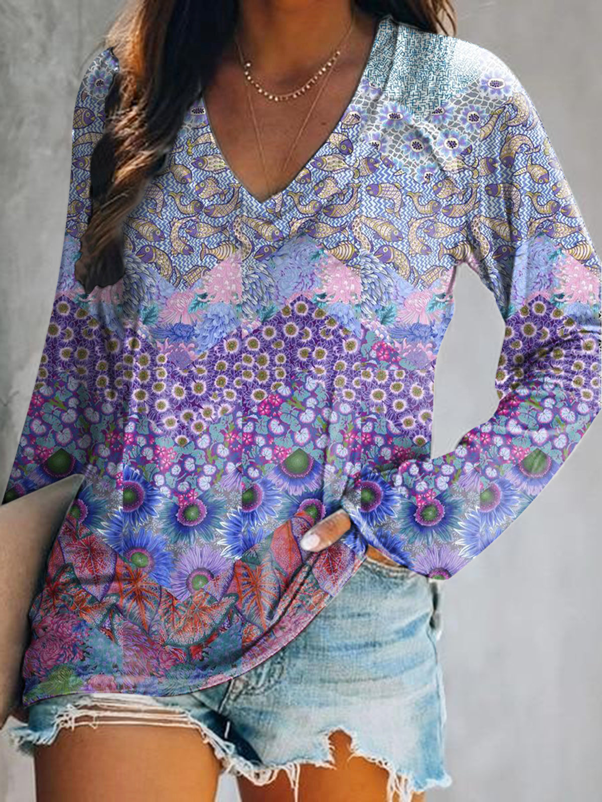 Women's Casual Vintage Floral Art Print V Neck Long Sleeve Tops
