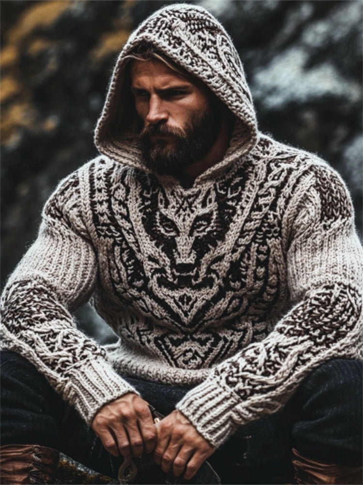 Men's Wolf Inspired Viking Runes Chunky Hooded Sweater artswardrobe