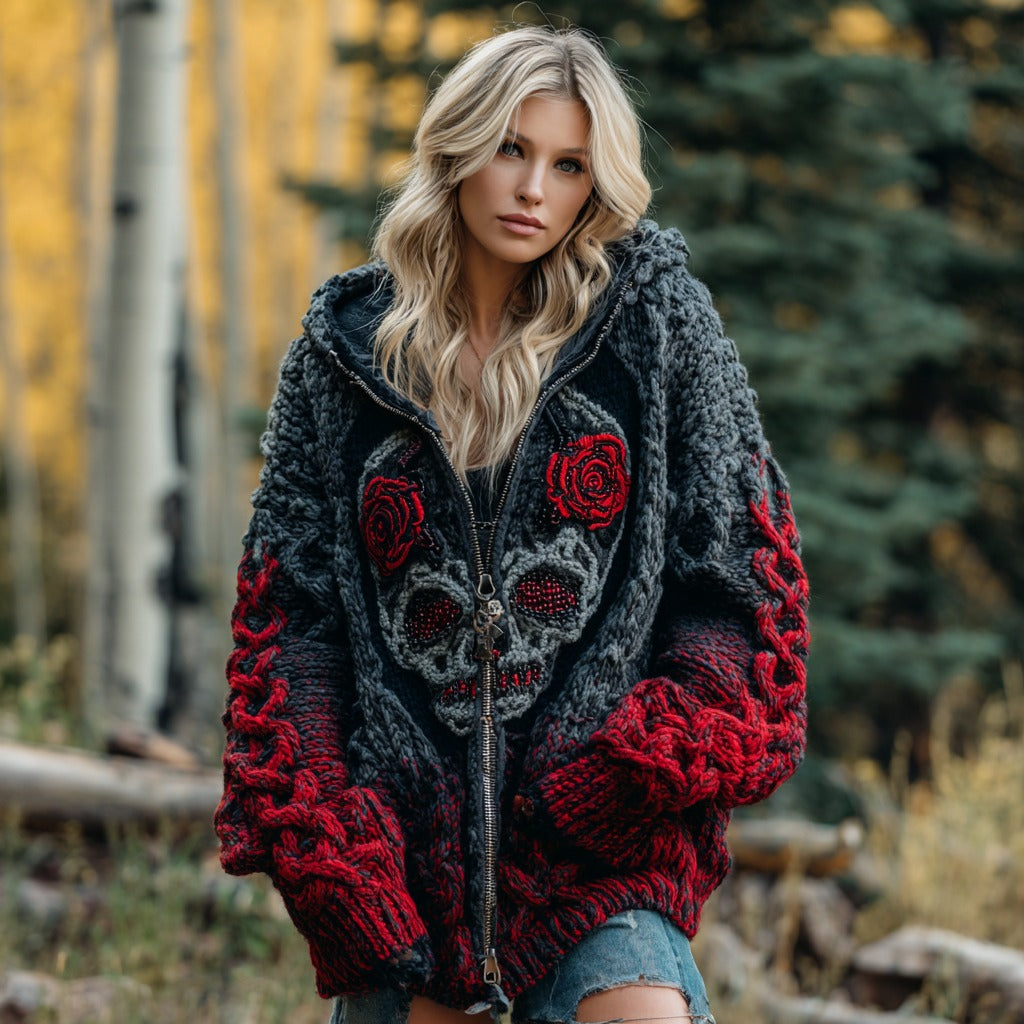 Women's Vintage Viking Celtic Skull Gradient Chunky Knit Zip-up Hooded Sweater elevenforest