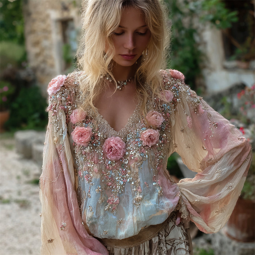 Boho Gauze Floral Sequin Embroidery Vintage Gradient Women's Flowing V-neck Long Sleeve Shirt artswardrobe