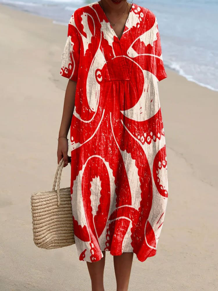 Women's Vintage Octopus Art Print Flowy Dress