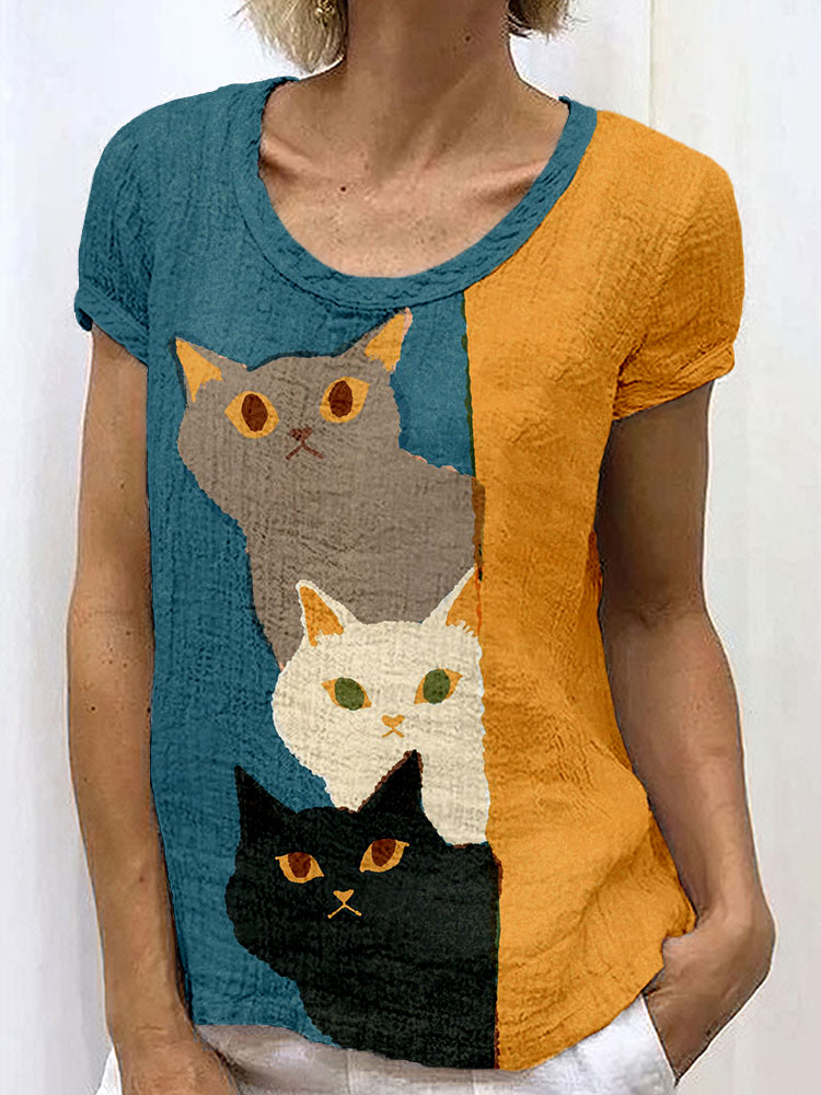 Cute Peeking Cats Pattern Linen Blend Cozy Shirt