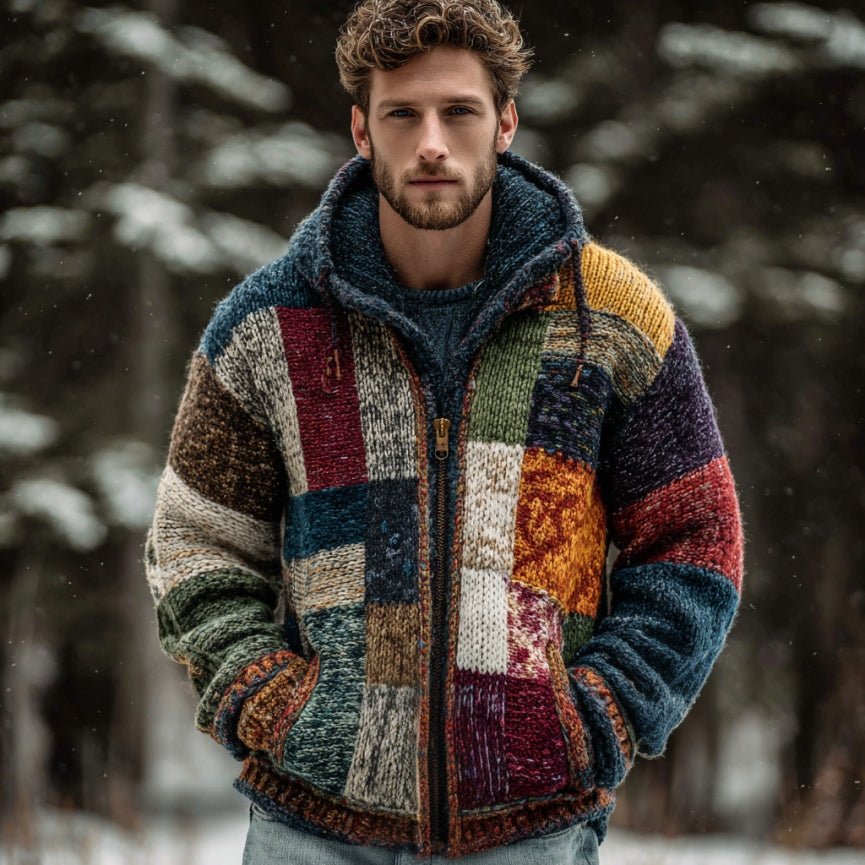 Men's Geometric Block Patchwork Color Knitted Zipper Hooded Sweater elevenforest